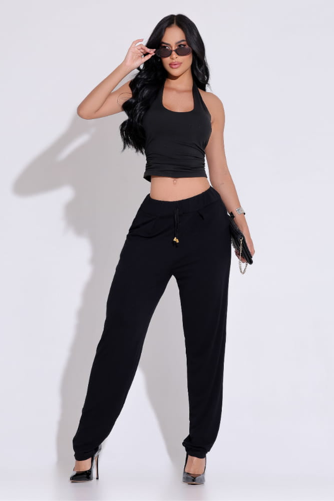 Calça Feminina Preta Conforto Total Amarração Tecido Leve - AIG24105P