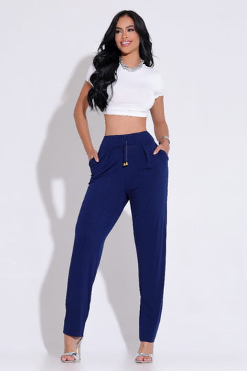 Calça Feminina Azul Marinho Elegância Fluida com Amarração - AIG24105
