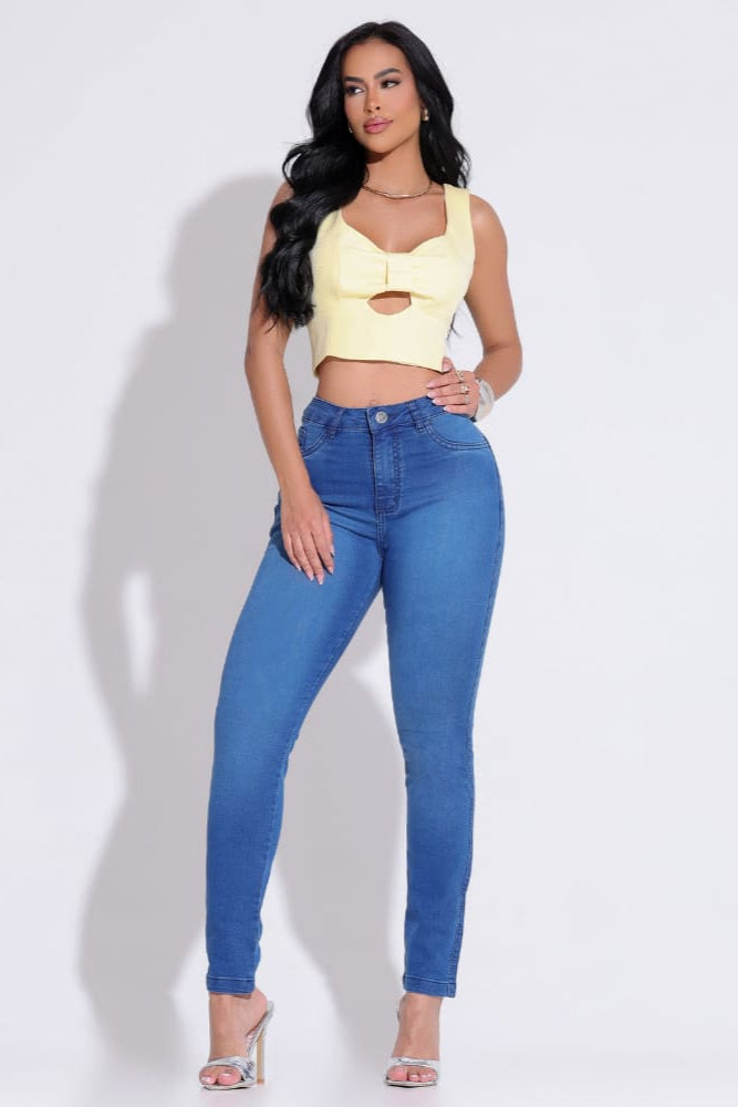 Calça Jeans Feminina Skinny Azul Cintura Alta Power Stretch - AIG40130