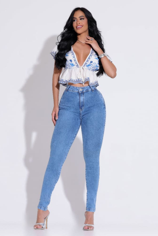 Calça Jeans Feminina Skinny Azul Clara Cintura Alta Stretch - AIG40143