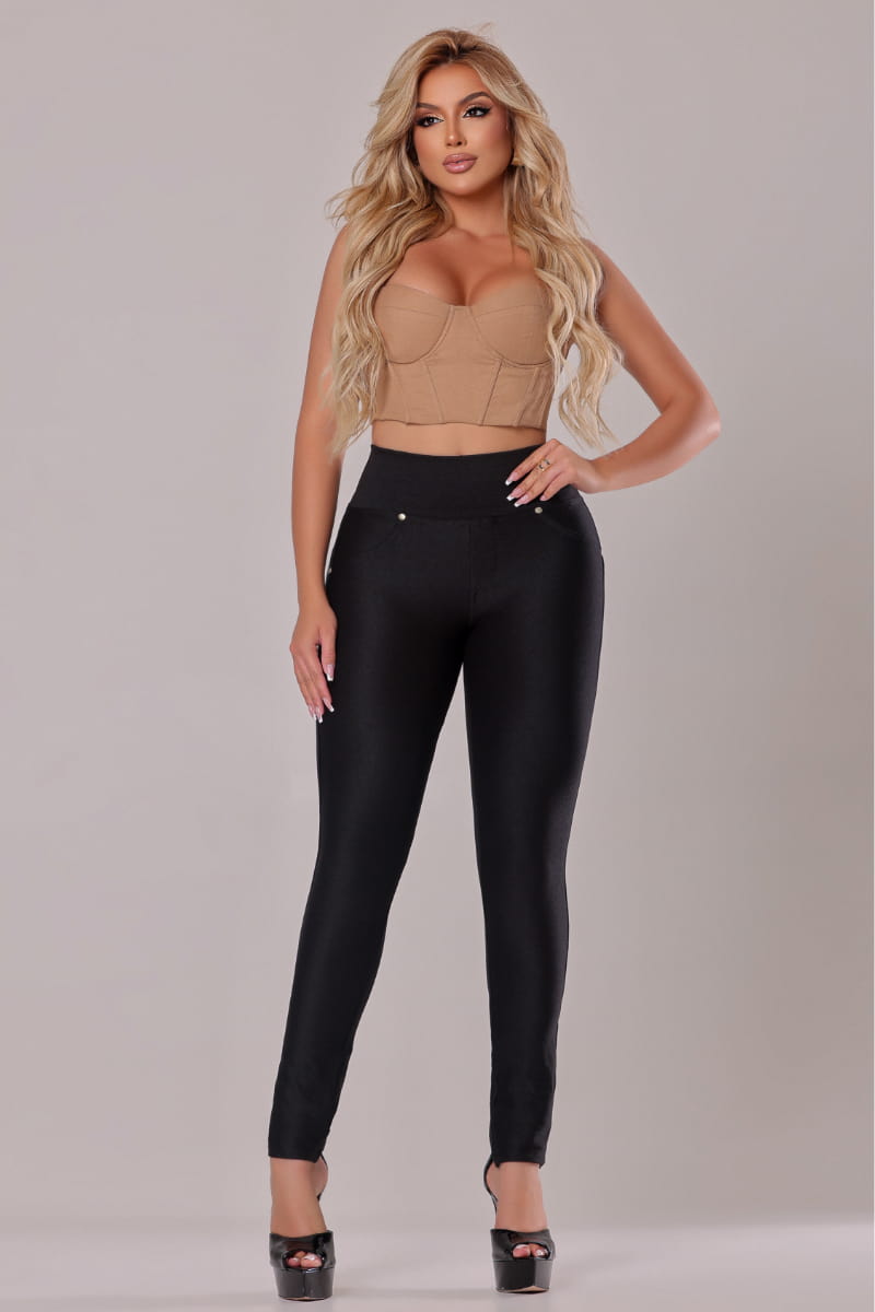 Calça Feminina Modeladora Cintura Alta Preta Lisa Empina Bumbum - AIG004