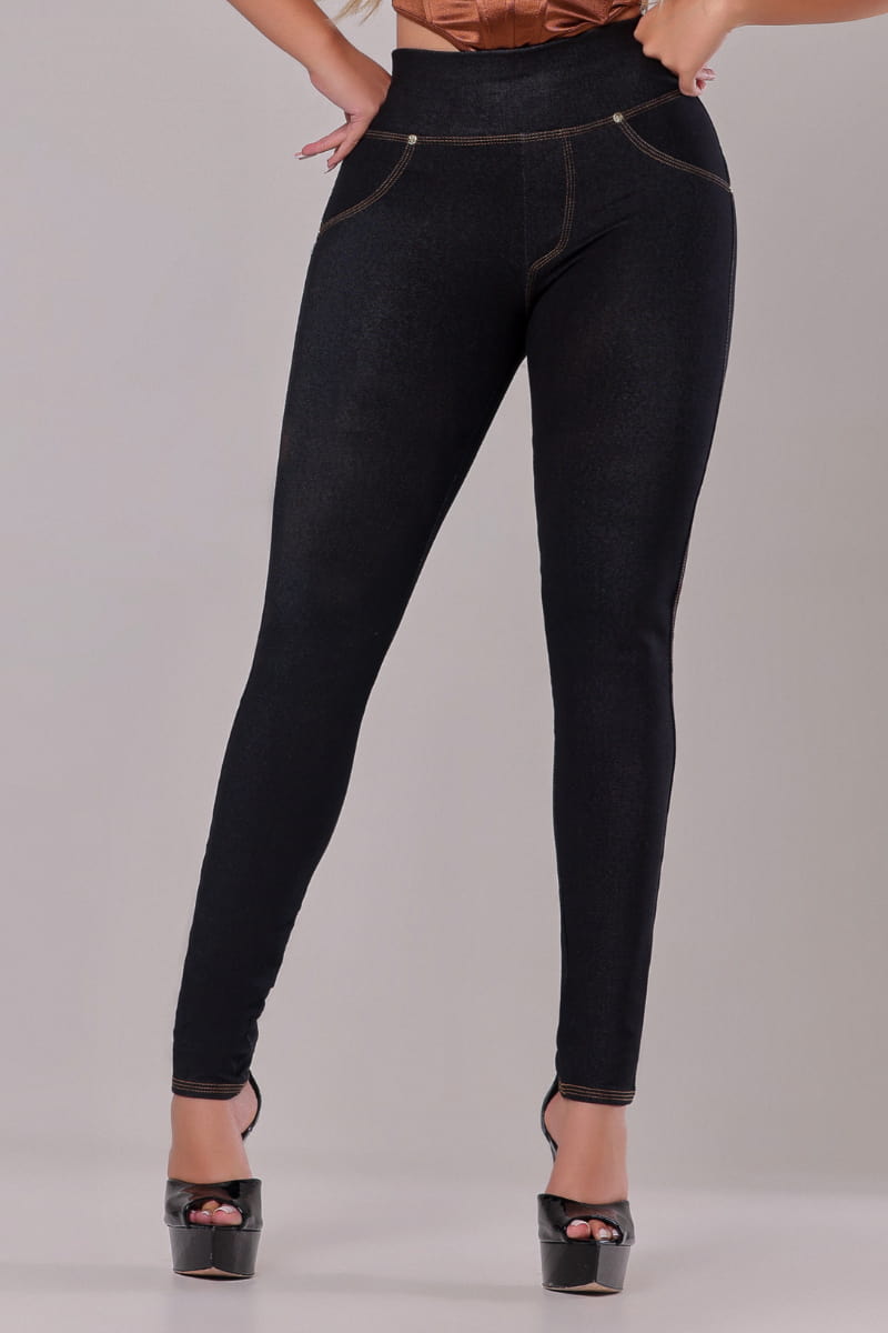 Calça Modeladora Cintura Alta Costura Dourada Empina Bumbum Preta - AIG002