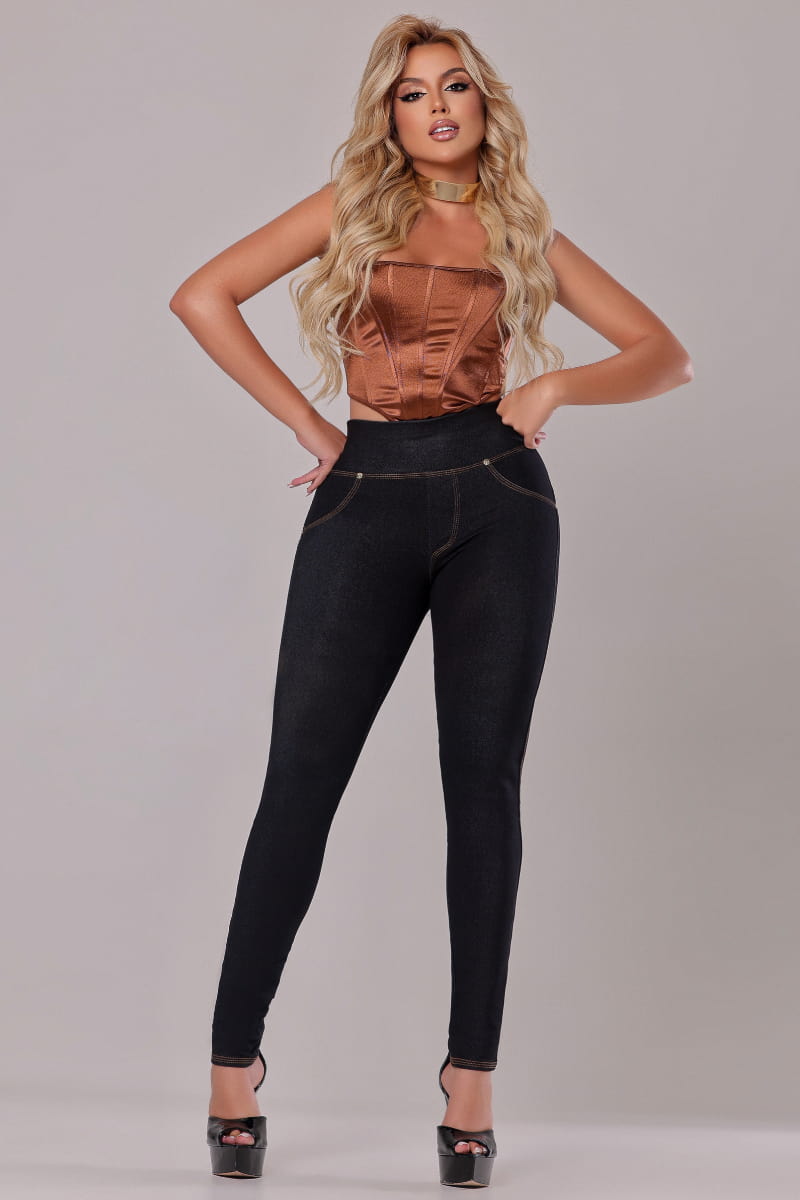 Calça Modeladora Cintura Alta Costura Dourada Empina Bumbum Preta - AIG002